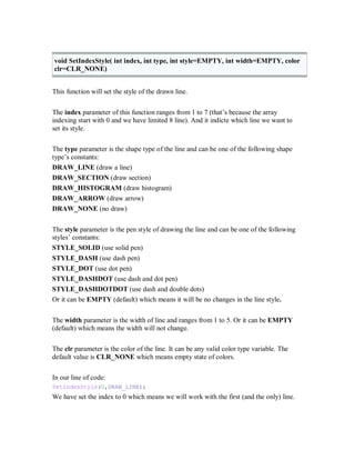 void SetIndexStyle( int index, int type, int style=EMPTY, int width=EMPTY, color
clr=CLR_NONE)
This function will set the style of the drawn line.
The index parameter of this function ranges from 1 to 7 (that’s because the array
indexing start with 0 and we have limited 8 line). And it indicte which line we want to
set its style.
The type parameter is the shape type of the line and can be one of the following shape
type’s constants:
DRAW_LINE (draw a line)
DRAW_SECTION (draw section)
DRAW_HISTOGRAM (draw histogram)
DRAW_ARROW (draw arrow)
DRAW_NONE (no draw)
The style parameter is the pen style of drawing the line and can be one of the following
styles’ constants:
STYLE_SOLID (use solid pen)
STYLE_DASH (use dash pen)
STYLE_DOT (use dot pen)
STYLE_DASHDOT (use dash and dot pen)
STYLE_DASHDOTDOT (use dash and double dots)
Or it can be EMPTY (default) which means it will be no changes in the line style.
The width parameter is the width of line and ranges from 1 to 5. Or it can be EMPTY
(default) which means the width will not change.
The clr parameter is the color of the line. It can be any valid color type variable. The
default value is CLR_NONE which means empty state of colors.
In our line of code:
SetIndexStyle(0,DRAW_LINE);
We have set the index to 0 which means we will work with the first (and the only) line.
 