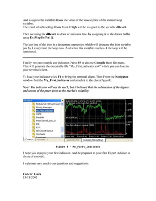 And assign to the variable dLow the value of the lowest price of the current loop
variable.
The result of subtracting dLow from dHigh will be assigned to the variable dResult.
Then we using the dResult to draw or indicator line, by assigning it to the drawn buffer
array ExtMapBuffer1[].
The last line of the loop is a decrement expression which will decrease the loop variable
pos by 1 every time the loop runs. And when this variable reaches -1 the loop will be
terminated.
Finally, we can compile our indicator. Press F5 or choose Compile from file menu.
That will generate the executable file “My_First_indicator.ex4” which you can load in
your terminal client.
To load your indicator click F4 to bring the terminal client. Then From the Navigator
window find the My_First_indicator and attach it to the chart (figure4).
Note: The indicator will not do much, but it believed that the subtraction of the highest
and lowest of the price gives us the market's volatility.
Figure 4 – My_First_Indicator
I hope you enjoyed your first indicator. And be prepared to your first Expert Advisor in
the next lesson(s).
I welcome very much your questions and suggestions.
Coders’ Guru
13-11-2005
 