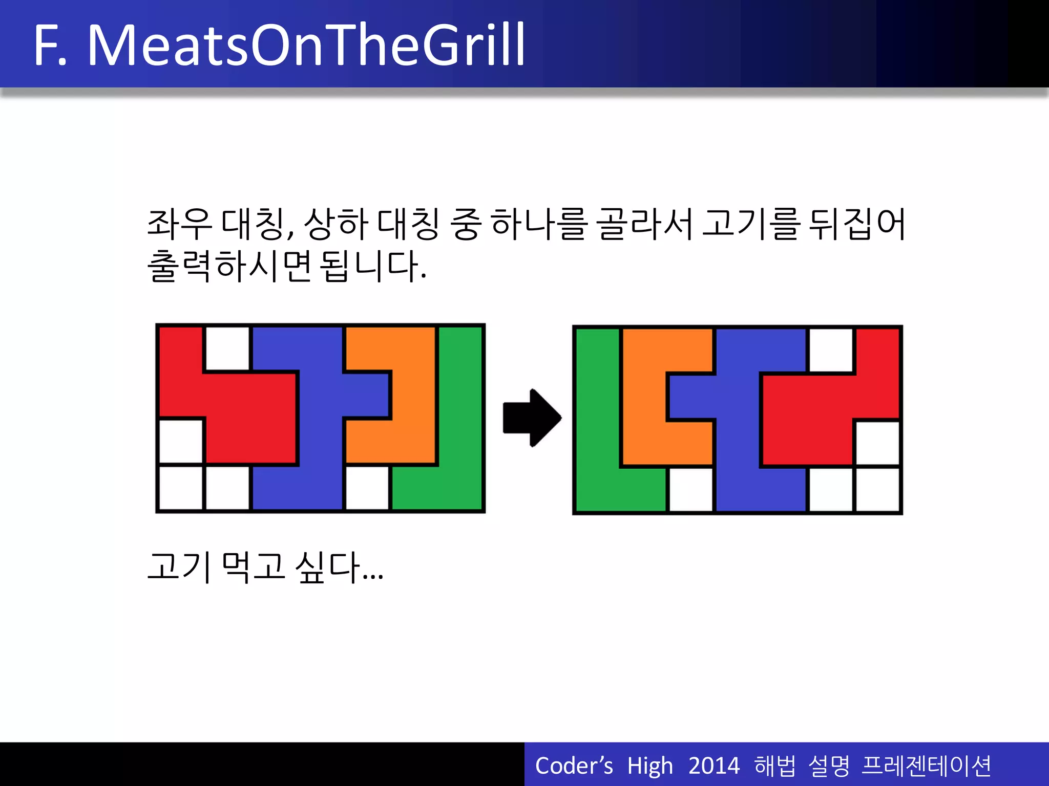 Vu	
  Pham
F.	
  MeatsOnTheGrill
좌우 대칭,	
  상하 대칭 중 하나를 골라서 고기를 뒤집어
출력하시면됩니다.
고기 먹고 싶다…
Coder’s	
  	
  High	
  	
  2014	
  	
  해법 설명 프레젠테이션
 