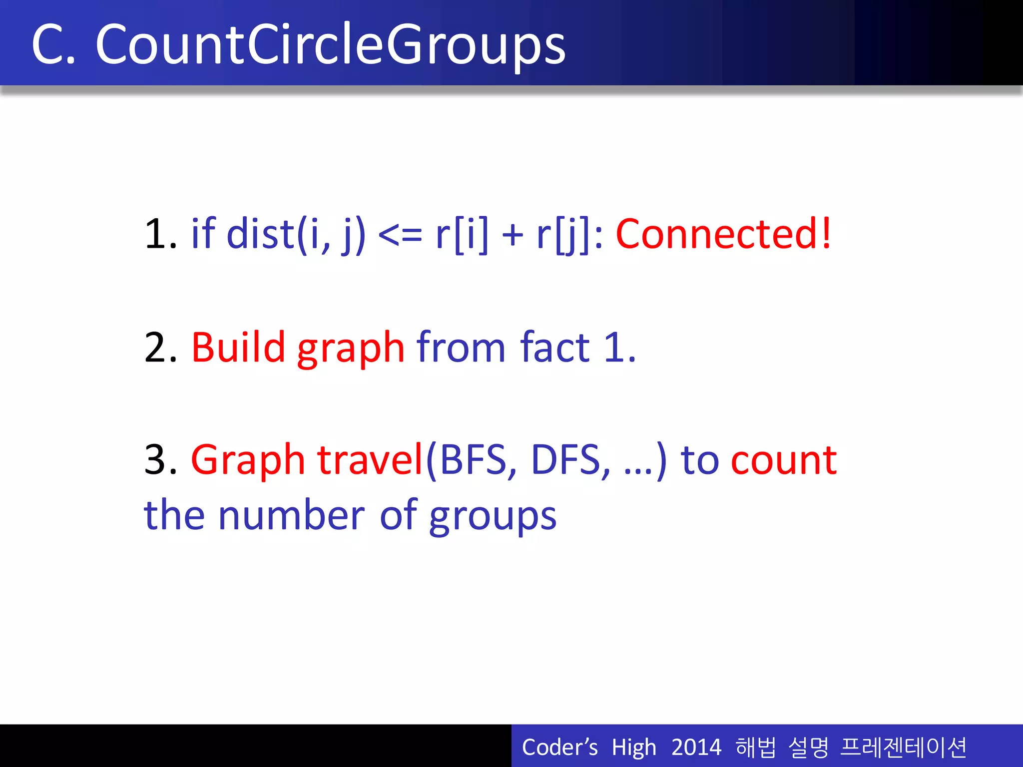 Vu	
  Pham
C.	
  CountCircleGroups
1.	
  if	
  dist(i,	
  j)	
  <=	
  r[i]	
  +	
  r[j]:	
  Connected!
2.	
  Build	
  graph from	
  fact	
  1.
3.	
  Graph	
  travel(BFS,	
  DFS,	
  …)	
  to	
  count
the	
  number	
  of	
  groups
Coder’s	
  	
  High	
  	
  2014	
  	
  해법 설명 프레젠테이션
 