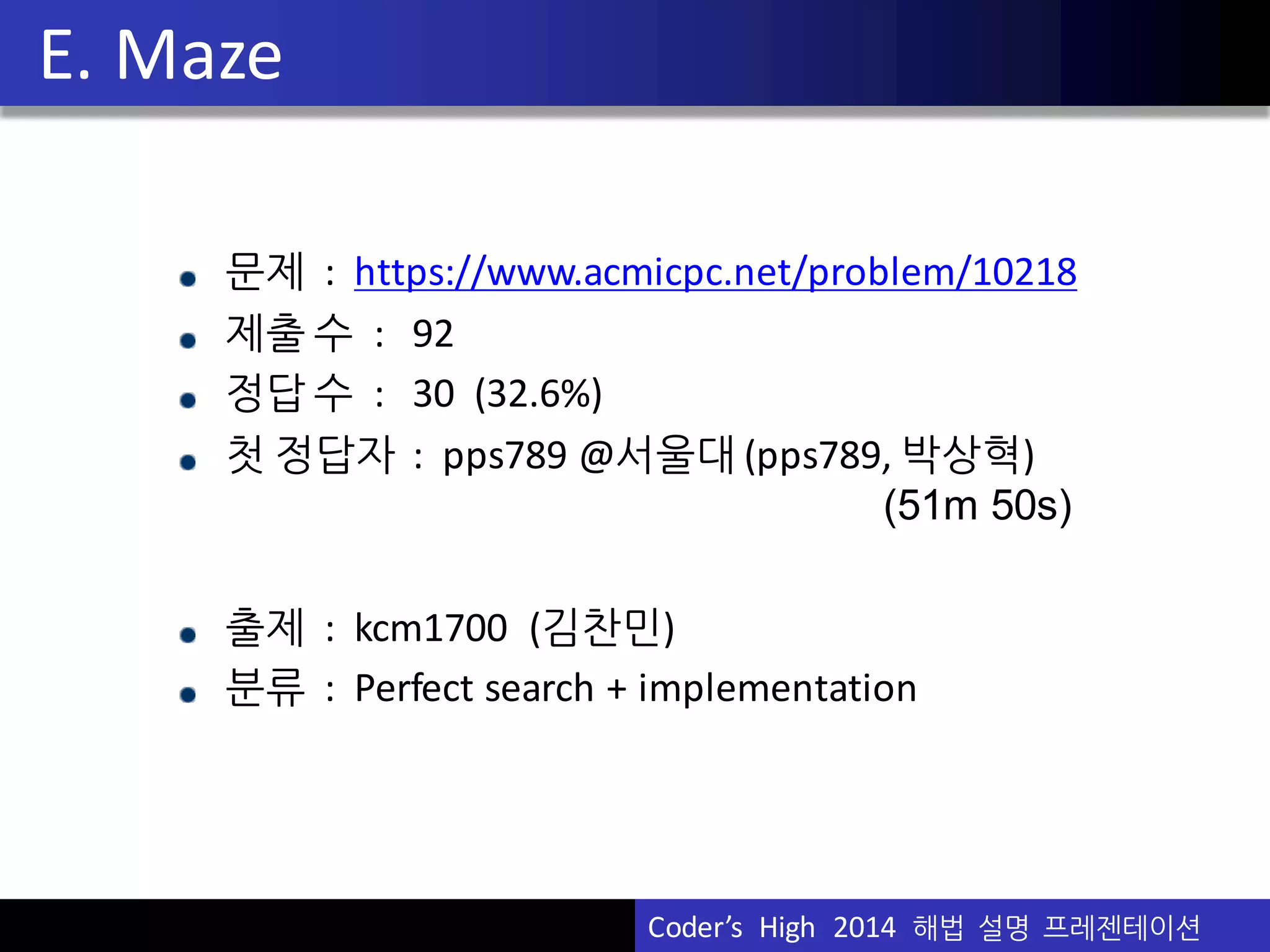 Vu	
  Pham
E.	
  Maze
문제 : https://www.acmicpc.net/problem/10218
제출 수 :	
  	
  	
  92
정답 수 :	
  	
  	
  30 (32.6%)
첫 정답자 :	
   pps789	
  @서울대 (pps789,	
  박상혁)
(51m  50s)
출제 :	
  	
  kcm1700	
  	
  (김찬민)
분류 :	
  	
  Perfect	
  search	
  +	
  implementation
Coder’s	
  	
  High	
  	
  2014	
  	
  해법 설명 프레젠테이션
 