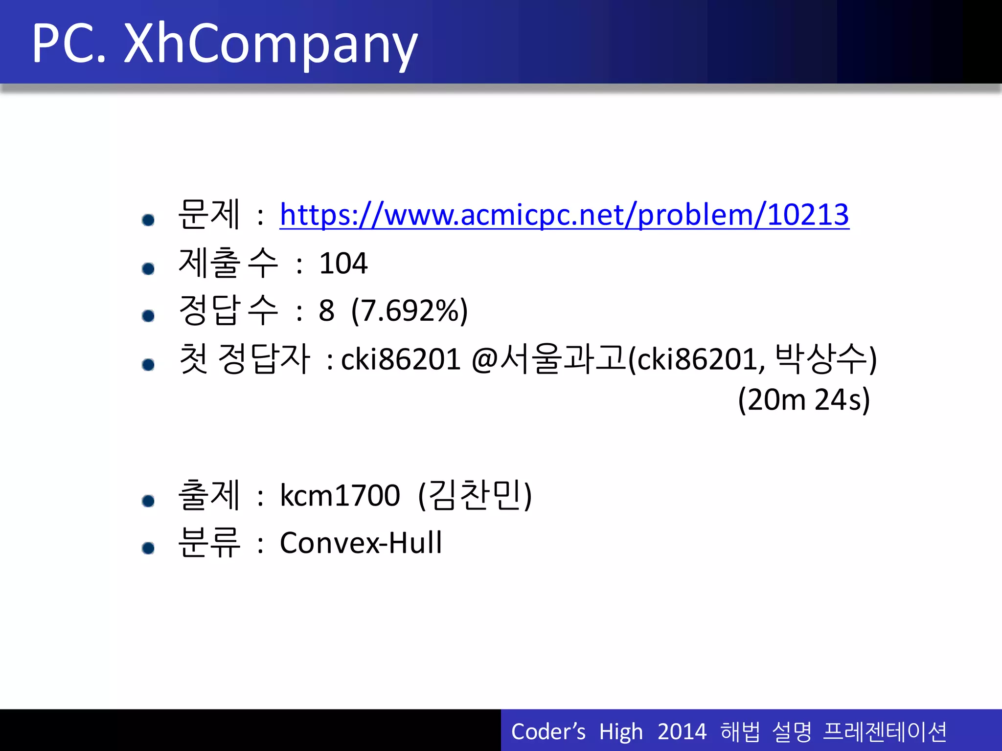 Vu	
  Pham
문제 : https://www.acmicpc.net/problem/10213
제출 수 :	
  	
  104
정답 수 :	
  	
  8	
  	
  (7.692%)
첫 정답자 :	
  cki86201	
  @서울과고(cki86201,	
  박상수)	
  
(20m	
  24s)
출제 :	
  	
  kcm1700	
  	
  (김찬민)	
  
분류 : Convex-­‐Hull
PC.	
  XhCompany
Coder’s	
  	
  High	
  	
  2014	
  	
  해법 설명 프레젠테이션
 
