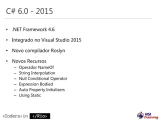 C# 6.0 - 2015
• .NET Framework 4.6
• Integrado no Visual Studio 2015
• Novo compilador Roslyn
• Novos Recursos
– Operador NameOf
– String Interpolation
– Null Conditional Operator
– Expression Bodied
– Auto Property Initializers
– Using Static
 