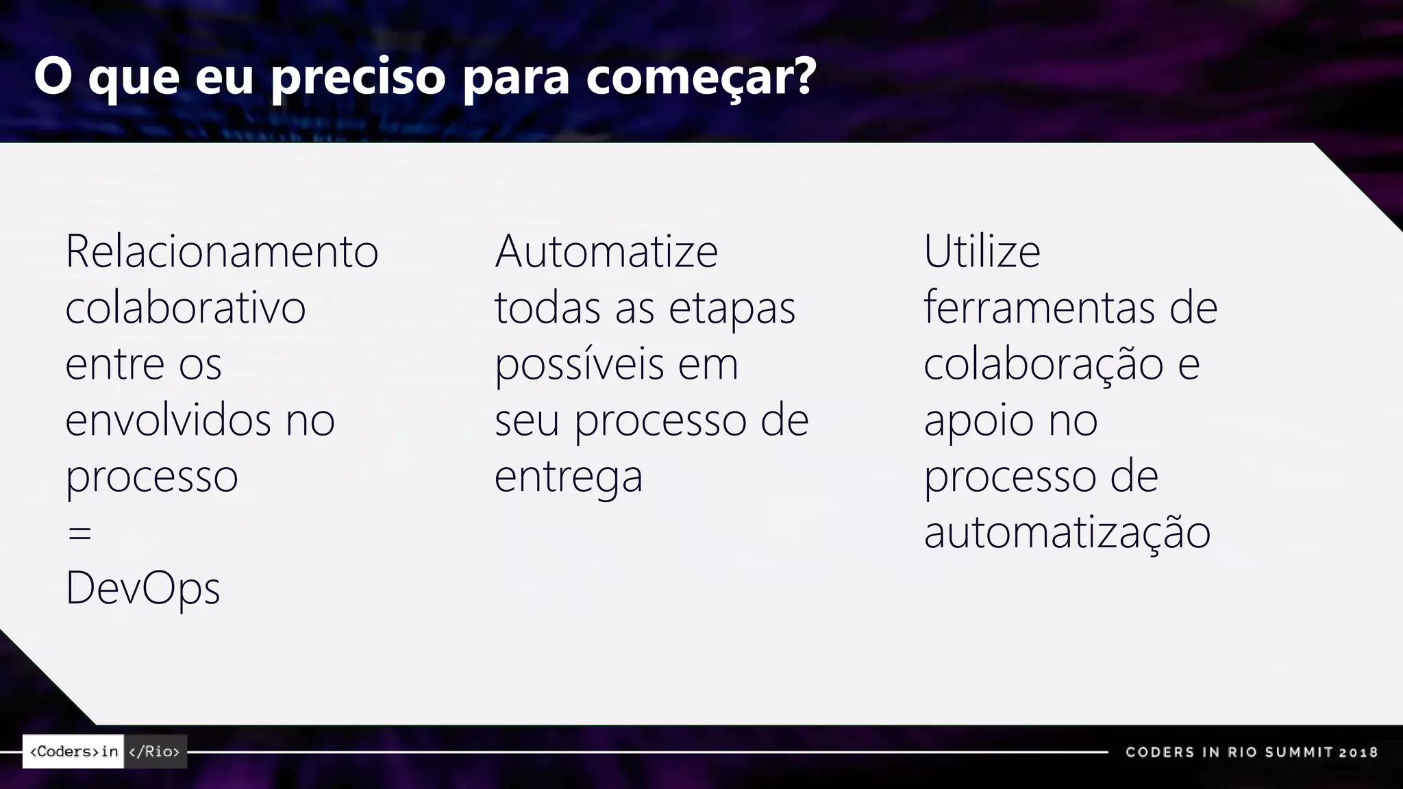 O que eu preciso para começar?
Relacionamento
colaborativo
entre os
envolvidos no
processo
=
DevOps
Automatize
todas as etapas
possíveis em
seu processo de
entrega
Utilize
ferramentas de
colaboração e
apoio no
processo de
automatização
 