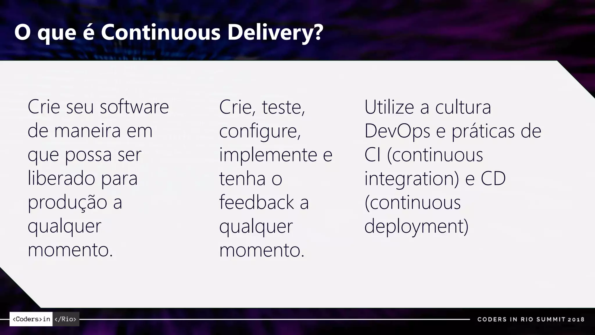 O que é Continuous Delivery?
Crie seu software
de maneira em
que possa ser
liberado para
produção a
qualquer
momento.
Crie, teste,
configure,
implemente e
tenha o
feedback a
qualquer
momento.
Utilize a cultura
DevOps e práticas de
CI (continuous
integration) e CD
(continuous
deployment)
 