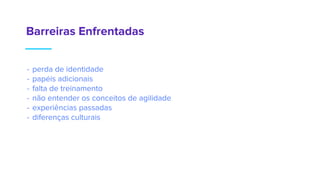 Barreiras Enfrentadas
- perda de identidade
- papéis adicionais
- falta de treinamento
- não entender os conceitos de agilidade
- experiências passadas
- diferenças culturais
 