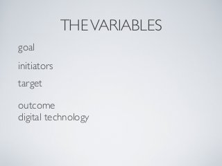 THEVARIABLES
initiators
digital technology
target
goal
outcome
 