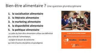 Bien-être alimentaire ? Une question pluridisciplinaire
1. la socialisation alimentaire
2. la littératie alimentaire
3. le marketing alimentaire
4. la disponibilité alimentaire
5. la politique alimentaire
Le cadre du bien-être alimentaire utilise une définition
plus riche de l'alimentation,
souligne le besoin de recherche
qui relie d'autres disciplines et paradigmes
 