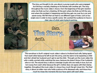 The story we thought to do, was about a young couple who were engaged
           but the boy is secretly cheating on his fiancée with another girl. The story
         throughout the music video is shown, from the beginning of the girls reaction
         when she finds out he is cheating, till the part where she finds out till the very
         end where the accident is happening and the boy gets ran over by a car and
          passes away. We felt that we had to use different types of shots, such as low
        angle ones in order to show specific scenes. We wanted the audience to have a
                           clear view of what were trying to portray.



                                    Ours.

              Avril’s.


  The narratives in Avril’s original music video is about a husband and wife, being apart
 from each other because he left to join the army, and she seems to be expecting a child
and she’s afraid her husband won’t get to see the child. Through out the music video the
wife is really worried while watching the news, because she doesn’t know if her husband’s
 alive or not. The second story is about a teenage couple who are really in love, but are
  torn away from each other because the girl’s mother does not agree with them being
together, throughout the music video it is shown how much the girl misses him. The final
  story, is about an elder man who holds a picture of his deceased wife, and shows how
             much he misses the moments the two have spent with each other.
 