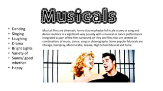 •
•
•
•
•
•
•

Dancing
Singing
Laughing
Drama
Bright Lights
Variety of
Sunny/ good
whether
• Happy

Musical films are cinematic forms that emphasize full-scale scores or song and
dance routines in a significant way (usually with a musical or dance performance
integrated as part of the film narrative), or they are films that are centred on
combinations of music, dance, song or choreography. Some popular Musicals are
Chicago, Hairspray, Mamma Mia, Grease, High School Musical and Fame.

 