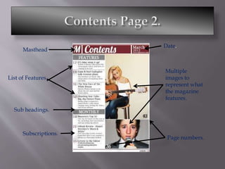 Masthead.
Date.
Multiple
images to
represent what
the magazine
features.
Sub headings.
List of Features.
Page numbers.
Subscriptions.
 
