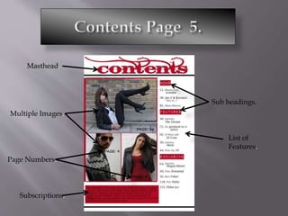 Masthead.
Multiple Images.
Page Numbers.
Subscriptions.
Sub headings.
List of
Features.
 