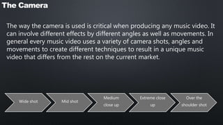 The Camera
The way the camera is used is critical when producing any music video. It
can involve different effects by different angles as well as movements. In
general every music video uses a variety of camera shots, angles and
movements to create different techniques to result in a unique music
video that differs from the rest on the current market.
Wide shot Mid shot
Medium
close up
Extreme close
up
Over the
shoulder shot
 