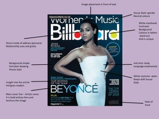 Direct mode of address (personal
Relationship uses and grats)
Date of
Issue
House Style- gender
Neutral colours
White masthead
Contrasts
Background
Colours in letters
stand out
And is unique
Main cover line – Artists name
It is bold entices fans and
Anchors the image
Insight into the article
Intrigues readers
mid shot- body
Language emphasized
White costume –plain
Keeps with house
Style
Background simple
And plain keeping
House style
Image placement in front of text
 