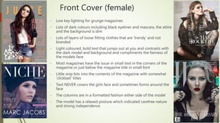 Front Cover (female)
- Low key lighting for grunge magazines
- Lots of dark colours including black eyeliner and mascara, the attire
and the background is dim
- Lots of layers of loose fitting clothes that are ‘trendy’ and not
branded
- Light coloured, bold text that jumps out at you and contrasts with
the dark model and background and compliments the fairness of
the models face
- Most magazines have the issue in small text in the corners of the
magazine or just below the magazine title in small font
- Little snip bits into the contents of the magazine with somewhat
‘clickbait’ titles
- Text NEVER covers the girls face and sometimes forms around the
face
- The columns are in a formatted fashion either side of the model
- The model has a relaxed posture which indicated carefree nature
and strong independence
 