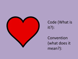 Code (What is it?):Convention (what does it mean?): 