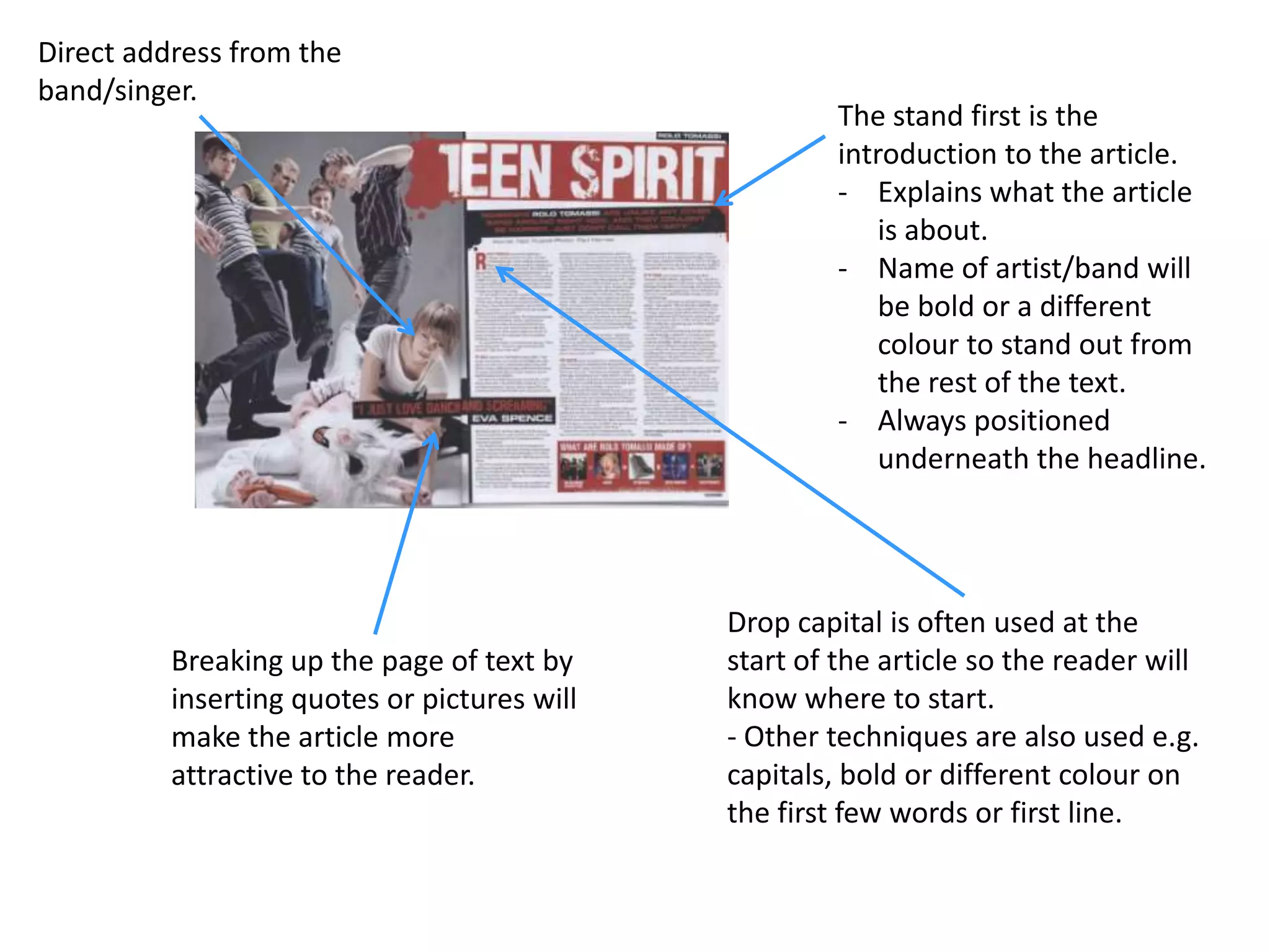 Direct address from the
band/singer.
                                                       The stand first is the
                                                       introduction to the article.
                                                       - Explains what the article
                                                           is about.
                                                       - Name of artist/band will
                                                           be bold or a different
                                                           colour to stand out from
                                                           the rest of the text.
                                                       - Always positioned
                                                           underneath the headline.




                                              Drop capital is often used at the
          Breaking up the page of text by     start of the article so the reader will
          inserting quotes or pictures will   know where to start.
          make the article more               - Other techniques are also used e.g.
          attractive to the reader.           capitals, bold or different colour on
                                              the first few words or first line.
 