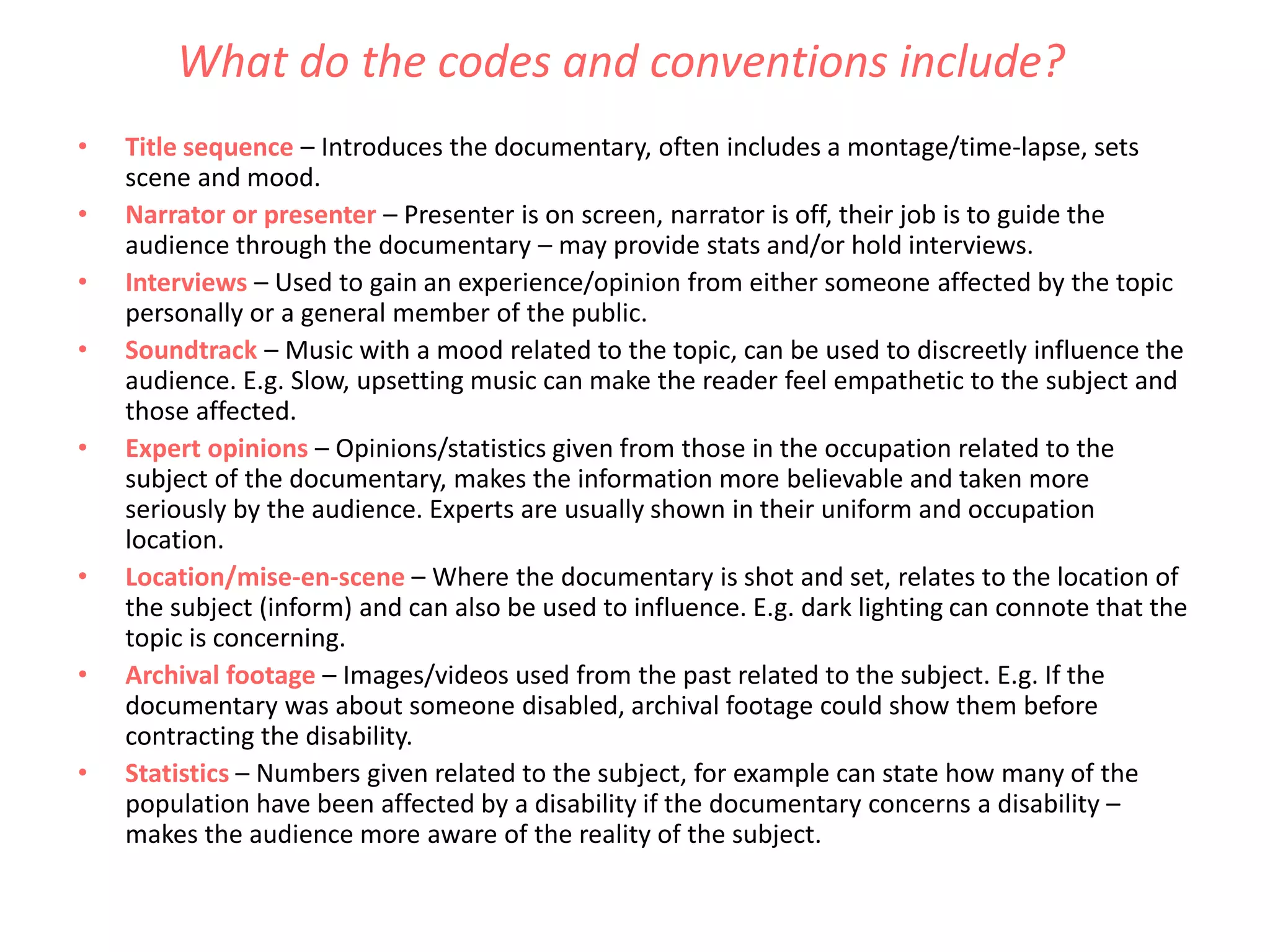 Codes and Conventions of Documentaries | PPTX