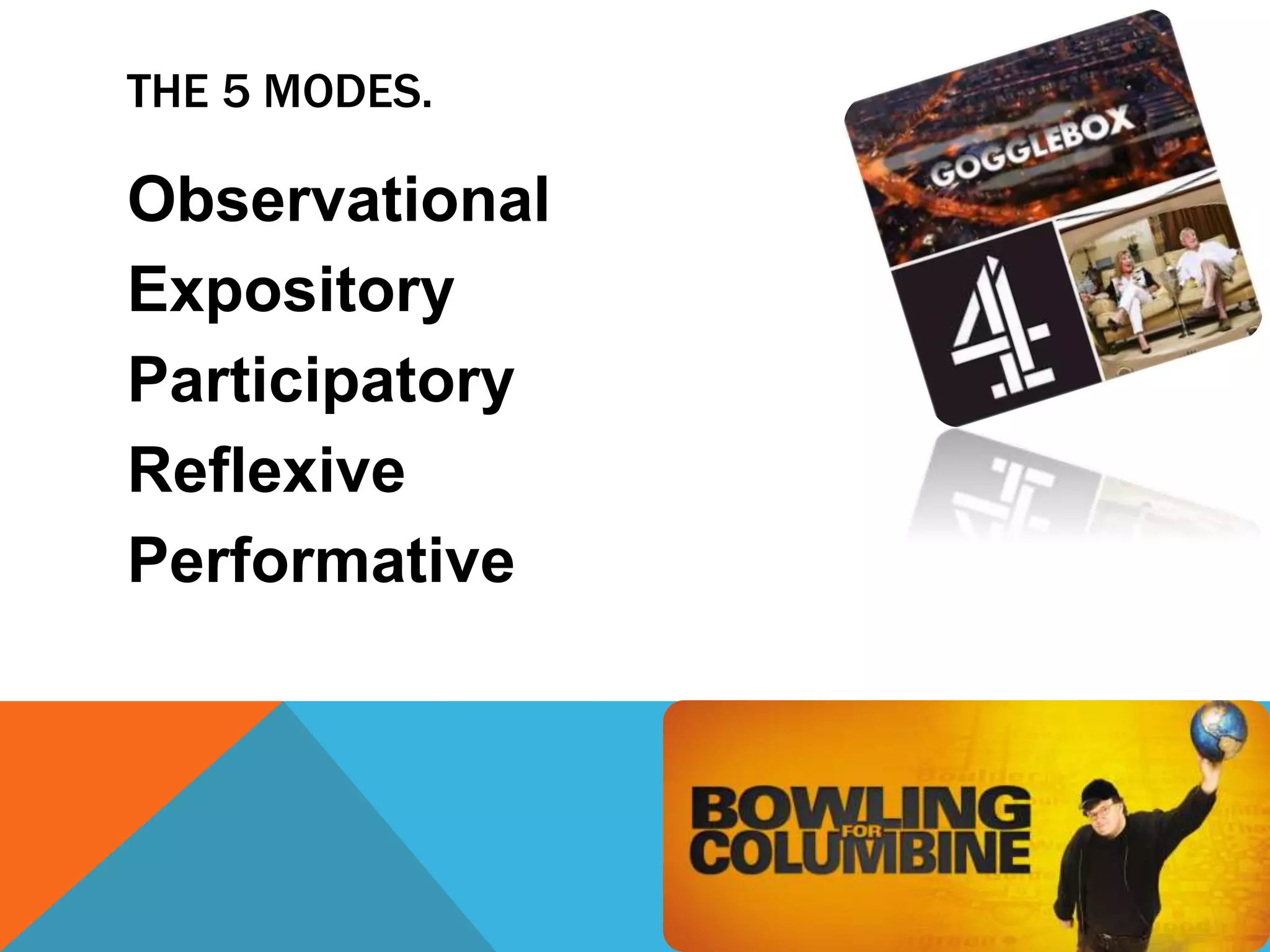 THE 5 MODES.
Observational
Expository
Participatory
Reflexive
Performative
 