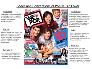 Codes and Conventions of Pop Music Cover
    Masthead                                                   Main image
Draws readers attention because it                           Appealing models used to attract
 shows the genre of the magazine.                            Attention of readers. Top celebrities
Its written in bubbly font and is very                       also used because their fan base are
 colourful thus appeals to                                   likely to buy the magazine because
 younger teenagers.                                          They want to read about them.
                                                             The advantage for the magazine is
                                                             that this gives them a chance to
                                                             gain more readers.

   Feature                                                     Kicker
Scorching summer style “NOW!” this
                                                              This is a story aimed to stand out
is a an example of a one off feature
                                                              the most from the page cover.
 because it is not sunny all year
                                                              Kickers normally talk about an
around. People who are interested
                                                              exclusive images or interviews with
in fashion will get lured into the
                                                               famous celebrities.
magazine with this “one off”
fashion advice.

                                                                Basic Info
                                                             Featured on the front cover
   Buzz Words                                                with general info like a bar code,
                                                             price and issue date. If the
 Used in order to attract attention                          magazine is cheap then the price
  for example "plus" and "free",                             is in a large font in order to catch
 these words both get the reader                             their attention. If its more
  to want to buy that magazine.                              expensive then the price is smaller
                                                             so it not the first thing the audience
                                                             see because they would get put off.
 