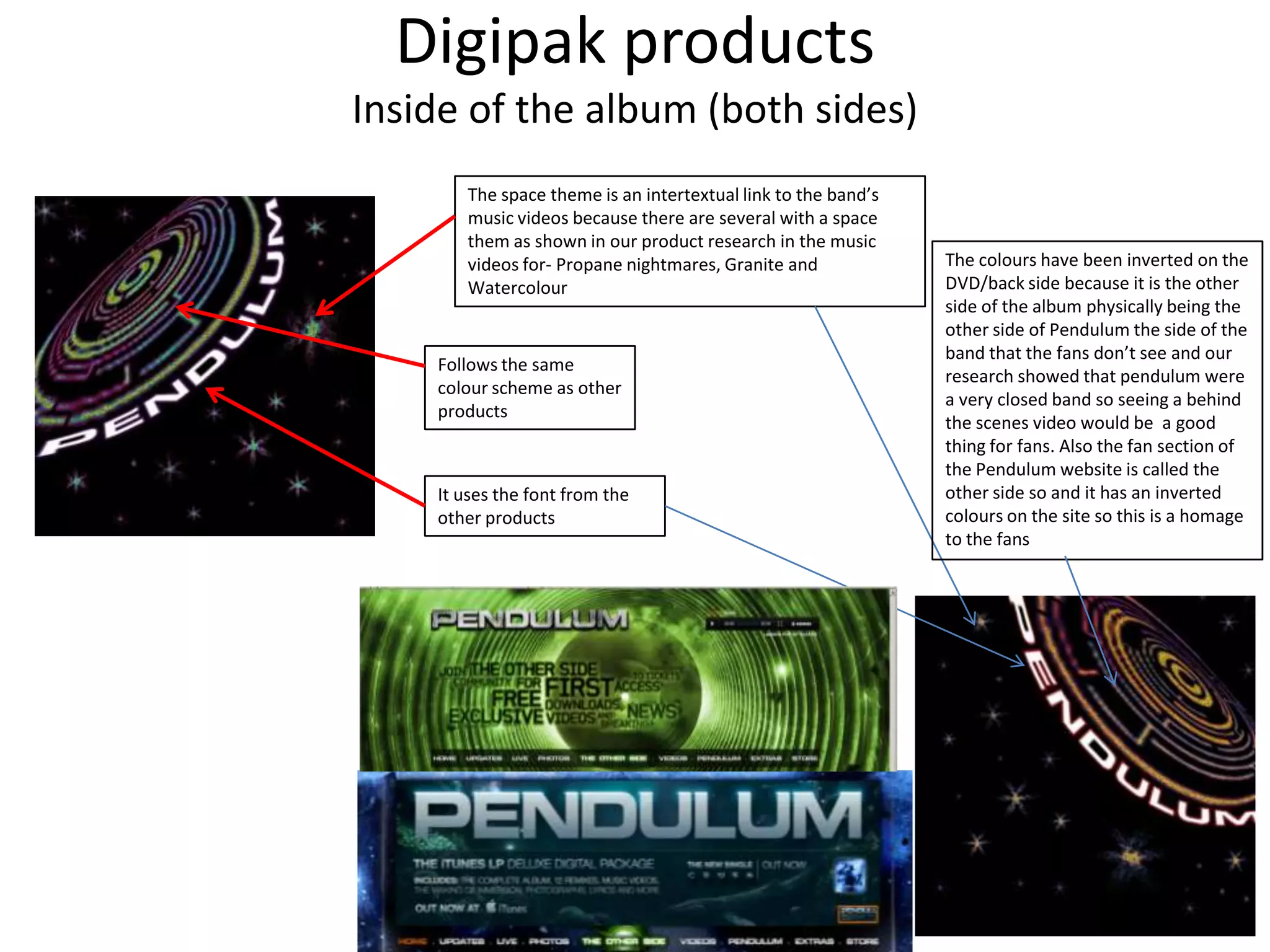 Digipak products
Inside of the album (both sides)
The space theme is an intertextual link to the band’s
music videos because there are several with a space
them as shown in our product research in the music
videos for- Propane nightmares, Granite and
Watercolour
Follows the same
colour scheme as other
products
It uses the font from the
other products
The colours have been inverted on the
DVD/back side because it is the other
side of the album physically being the
other side of Pendulum the side of the
band that the fans don’t see and our
research showed that pendulum were
a very closed band so seeing a behind
the scenes video would be a good
thing for fans. Also the fan section of
the Pendulum website is called the
other side so and it has an inverted
colours on the site so this is a homage
to the fans
 