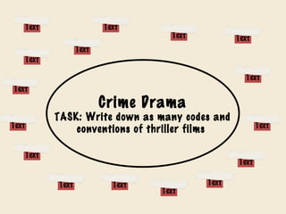Text

Text

Text

Text

Text

Text

Text
Text

Crime Drama

TASK: Write down as many codes and
conventions of thriller films

Text
Text

Text

Text
Text

Text

Text

Text

 