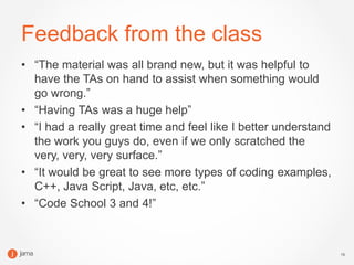15
Feedback from the class
• “The material was all brand new, but it was helpful to
have the TAs on hand to assist when something would
go wrong.”
• “Having TAs was a huge help”
• “I had a really great time and feel like I better understand
the work you guys do, even if we only scratched the
very, very, very surface.”
• “It would be great to see more types of coding examples,
C++, Java Script, Java, etc, etc.”
• “Code School 3 and 4!”
 
