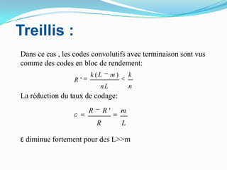  Treillis :	Dans ce cas , les codes convolutifs avec terminaison sont vus comme des codes en bloc de rendement:	La réduction du taux de codage:ε diminue fortement pour des L>>m