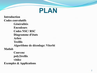 PLANIntroduction Codes convolutifs	Généralités	Encodeurs	Codes NSC/ RSC	Diagramme d'états	Arbre	Treillis	Algorithme de décodage: ViterbiMatlabConvenc	poly2trellisvitdecExemples & Applications2