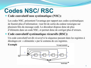 Codes NSC/ RSCCode convolutif non systématique (NSC):Les codes NSC, présentent l’avantage par rapport aux codes systématiques de fournir plus d’information : tout bit de sortie du codeur renseigne sur plusieurs bits du message codé. Le décodeur dispose donc de plus d’éléments dans un code NSC, et permet donc de corriger plus d’erreurs.Code convolutif systématique récursifs (RSC):	Un code convolutif est dit récursif si la séquence passant dans les registres à décalages est  « alimentée » par le contenu de ces registres.	Exemple:8