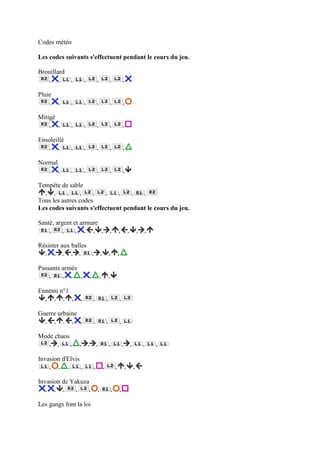 Codes météo

Les codes suivants s'effectuent pendant le cours du jeu.

Brouillard
    , ,      ,       ,           ,                   ,            ,

Pluie
    ,   ,    ,       ,           ,                   ,            ,

Mitigé
    , ,      ,       ,           ,                   ,            ,

Ensoleillé
    , ,      ,       ,           ,                   ,            ,

Normal
   , ,       ,       ,           ,                   ,            ,

Tempête de sable
  , ,      ,     ,   ,   ,    ,    ,  ,
Tous les autres codes
Les codes suivants s'effectuent pendant le cours du jeu.

Santé, argent et armure
    ,     ,    , , , ,                            ,          ,            ,           , ,

Résister aux balles
  , , , , ,         ,                ,           ,           ,

Passants armés
    ,    , , ,           ,           ,           ,

Ennemi n°1
  , , , ,        ,           ,               ,                ,

Guerre urbaine
  , , , , ,                  ,               ,                ,

Mode chaos
   , ,     ,     ,       ,       ,               ,                ,           ,         ,   ,

Invasion d'Elvis
    , , ,        ,           ,           ,               ,            ,           ,

Invasion de Yakuza
   , , ,      ,   ,              ,                   ,        ,

Les gangs font la loi
 