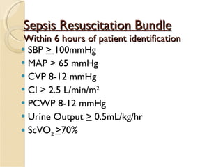 Sepsis Resuscitation Bundle Within 6 hours of patient identification SBP  >  100mmHg MAP > 65 mmHg CVP 8-12 mmHg CI > 2.5 L/min/m 2 PCWP 8-12 mmHg Urine Output  >  0.5mL/kg/hr ScVO 2  > 70% 