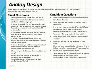 Analog Design
Client Questions:
• What type of Analog Designer do you need?
• What is the application of the circuit that the
candidate will be designing?
• If it is an Analog ASIC or I.C. (integrated circuit)
design, will the candidate need experience with
Pspice (not necessarily)…simulation tools? If yes,
which tools?
• If the answer to #3 is negative, are you using a
PCB design? If not, are you using a modular
system design?
• Is it an RF circuit? (Radio Frequency is the
technology that utilizes electromagnetic energy
to send information. )
• If it is an RF circuit, what frequency is the circuit
and what level of frequency should the
contractor have experience in?
• What design or CAD tools will the candidate be
using?
• What part of the functional flow will the
candidate be involved with?
(Design/simulation, development, layout,
verification/validation)
Candidate Questions:
• What analog design have you been responsible
for? Please describe.
• What were the applications of the circuits you
designed?
• Do you have experience with RF circuits? (Radio
Frequency is the technology that utilizes
electromagnetic energy to send information. )
• What were the frequencies of the circuits?
• What design/CAD tools have you used? In what
capacity?
• Have you designed Analog ASICs? If so, how
many?
• Have you been responsible for integrated circuit,
PCB, or modular system design? Please describe.
• Do you have experience with Pspice?
• What parts of the functional flow have you been
involved with? (Design/simulation,
development, layout, verification/validation)
7/29/2011
Depending on the industry, this is an electronic circuit used for the measurement of heat, pressure,
temperature, amplifiers or other factors.
 
