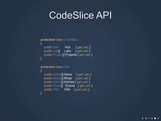 CodeSlice APIprotectedclassCodeSlice{publicHubHub      { get; set; }publicLab[]     Labs     { get; set; }publicProject[] Projects { get; set; }        }protectedclassHub{publicArticle[] News     { get; set; }publicArticle[] Blogs    { get; set; }publicArticle[] Articles { get; set; }publicEvent[]   Events   { get; set; }publicWikiWiki     { get; set; }}