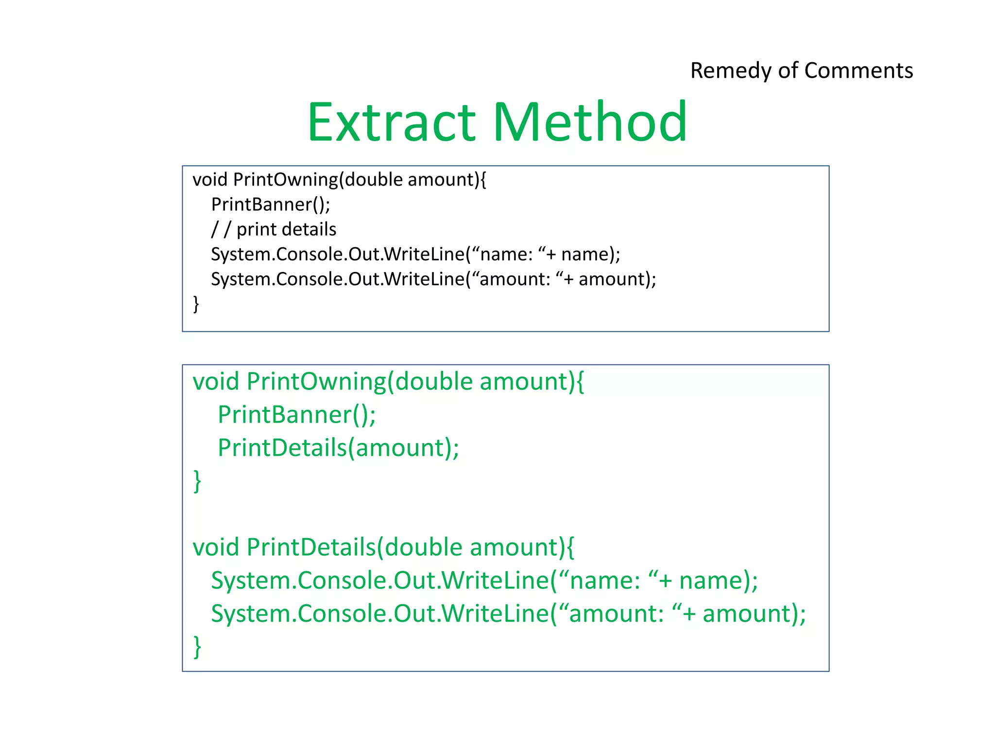 Extract Method
void PrintOwning(double amount){
PrintBanner();
/ / print details
System.Console.Out.WriteLine(“name: “+ name);
System.Console.Out.WriteLine(“amount: “+ amount);
}
Remedy of Comments
void PrintOwning(double amount){
PrintBanner();
PrintDetails(amount);
}
void PrintDetails(double amount){
System.Console.Out.WriteLine(“name: “+ name);
System.Console.Out.WriteLine(“amount: “+ amount);
}
 