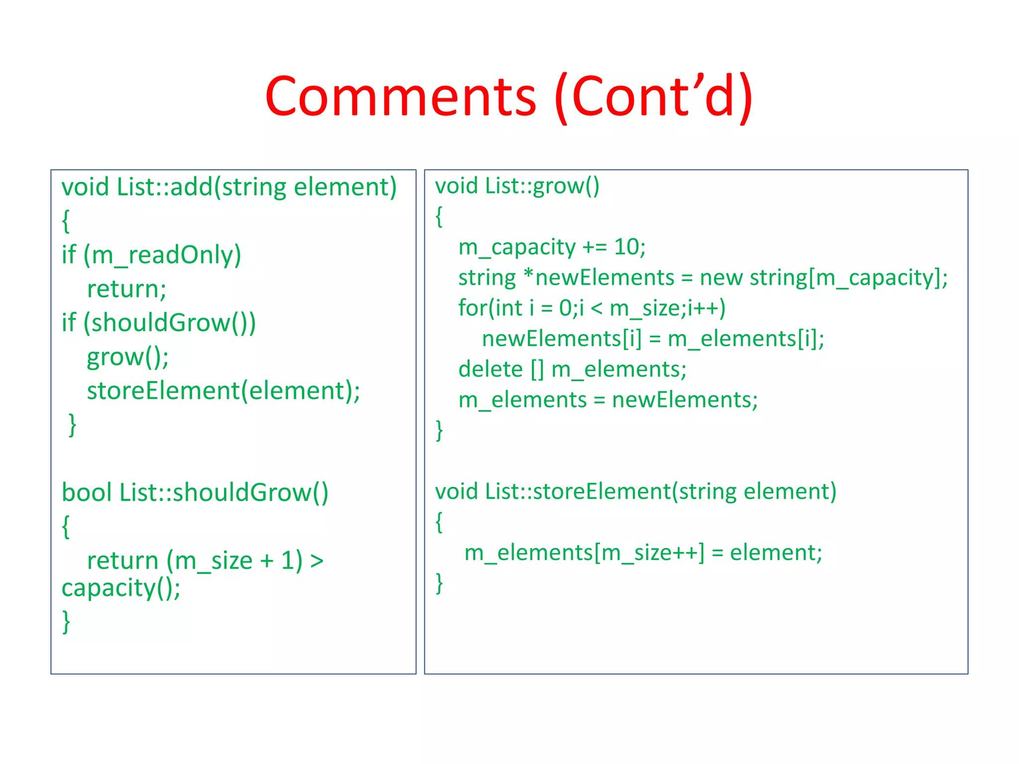 Comments (Cont’d)
void List::add(string element)
{
if (m_readOnly)
return;
if (shouldGrow())
grow();
storeElement(element);
}
bool List::shouldGrow()
{
return (m_size + 1) >
capacity();
}
void List::grow()
{
m_capacity += 10;
string *newElements = new string[m_capacity];
for(int i = 0;i < m_size;i++)
newElements[i] = m_elements[i];
delete [] m_elements;
m_elements = newElements;
}
void List::storeElement(string element)
{
m_elements[m_size++] = element;
}
 