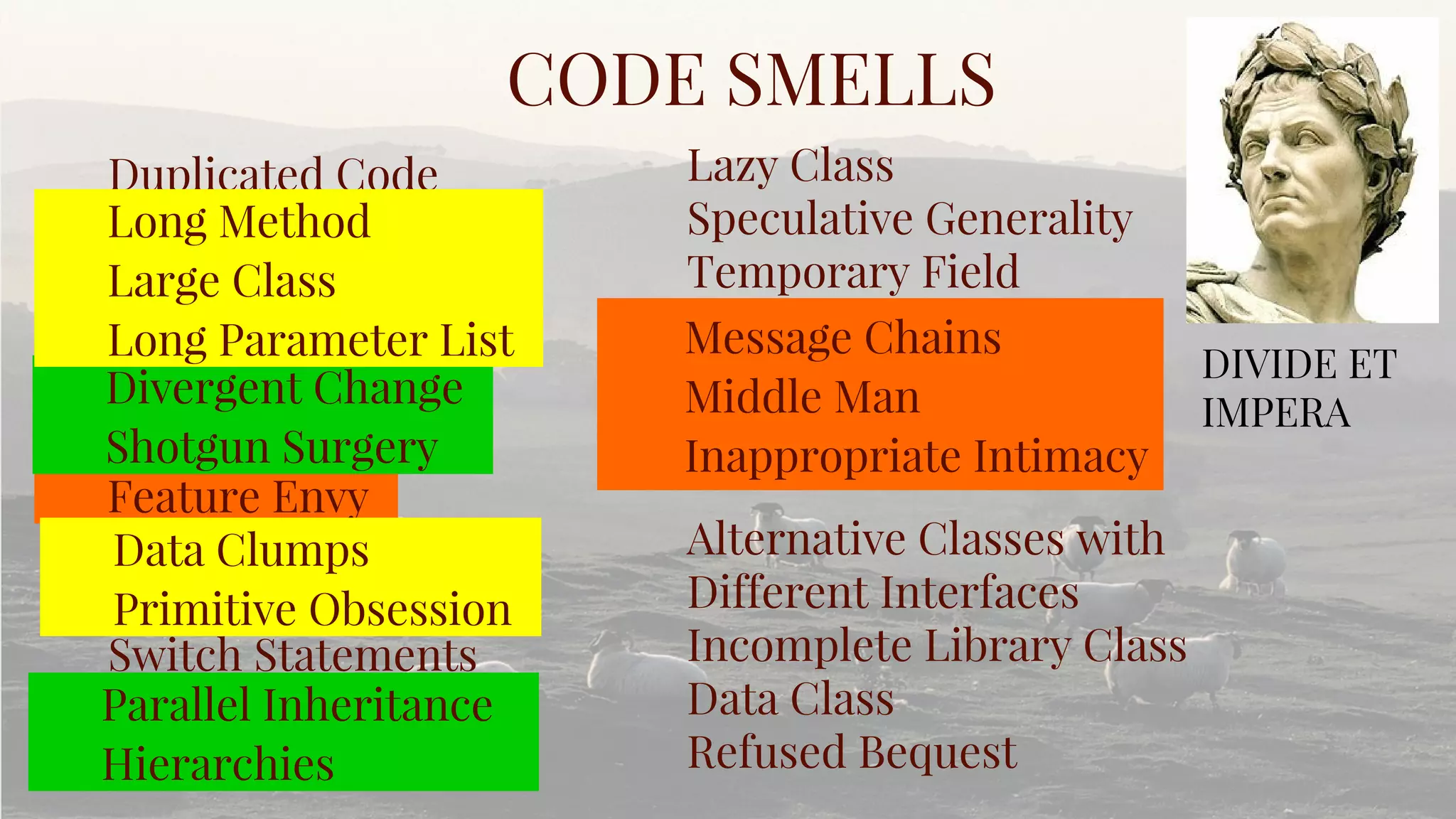 Duplicated Code
Switch Statements
CODE SMELLS
Lazy Class
Speculative Generality
Temporary Field
Alternative Classes with
Different Interfaces
Incomplete Library Class
Data Class
Refused Bequest
DIVIDE ET
IMPERA
Feature Envy
Message Chains
Middle Man
Inappropriate Intimacy
Divergent Change
Shotgun Surgery
Parallel Inheritance
Hierarchies
Long Method
Large Class
Long Parameter List
Data Clumps
Primitive Obsession
 