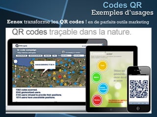 Codes QR
Exemples d’usages
Eenox transforme les QR codes ! en de parfaits outils marketing
 