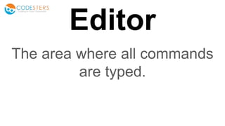Editor
The area where all commands
are typed.
 