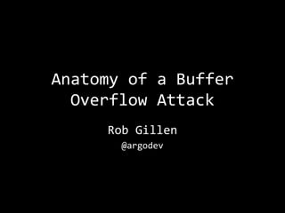 Anatomy of a Buffer
  Overflow Attack
     Rob Gillen
       @argodev
 
