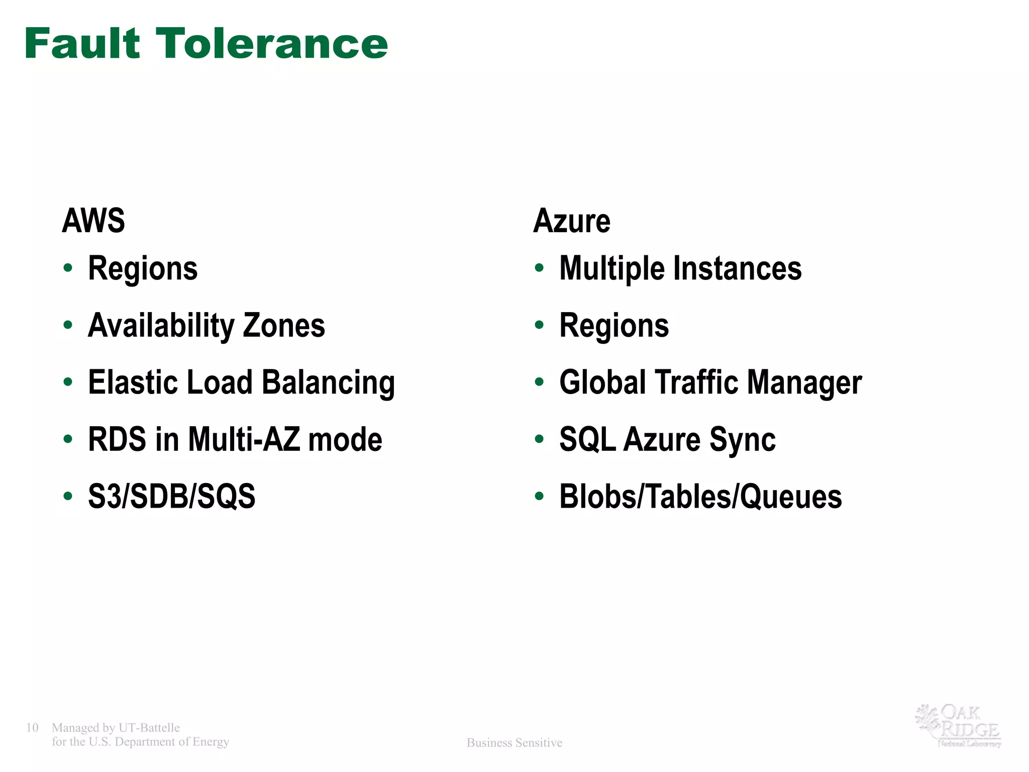 Fault ToleranceAWSAzureRegionsAvailability ZonesElastic Load BalancingRDS in Multi-AZ modeS3/SDB/SQSMultiple InstancesRegionsGlobal Traffic ManagerSQL Azure SyncBlobs/Tables/Queues
