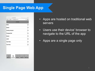 Single Page Web App

                 • Apps are hosted on traditional web
                   servers

                 • Users use their device‟ browser to
                   navigate to the URL of the app

                 • Apps are a single page only




                                                   5
 