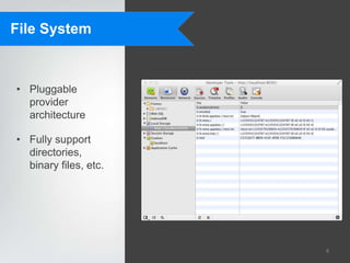 File System



• Pluggable
  provider
  architecture

• Fully support
  directories,
  binary files, etc.




                       8
 