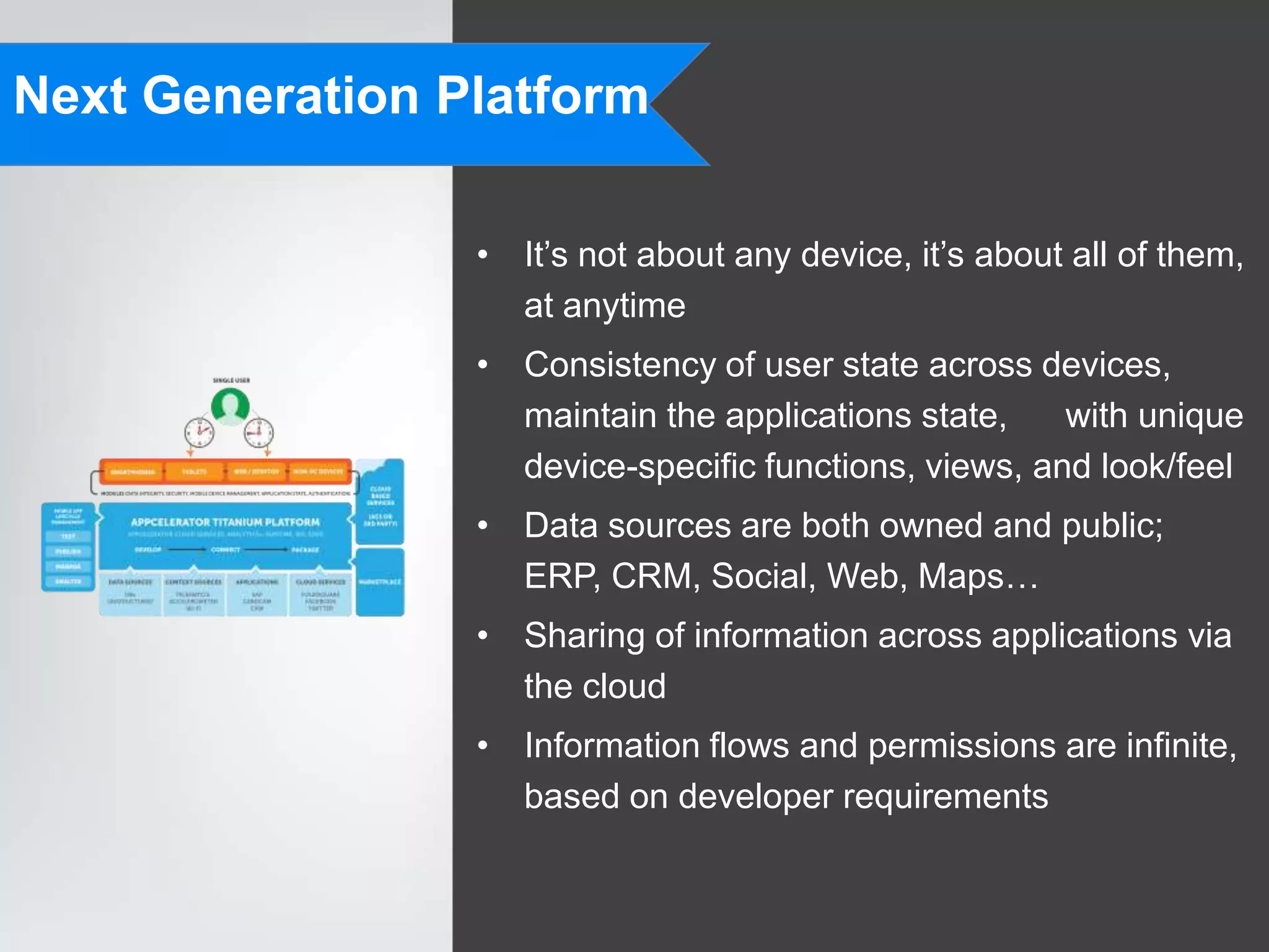 Next Generation Platform

                 • It’s not about any device, it’s about all of them,
                   at anytime
                 • Consistency of user state across devices,
                   maintain the applications state,    with unique
                   device-specific functions, views, and look/feel
                 • Data sources are both owned and public;
                   ERP, CRM, Social, Web, Maps…
                 • Sharing of information across applications via
                   the cloud
                 • Information flows and permissions are infinite,
                   based on developer requirements
 