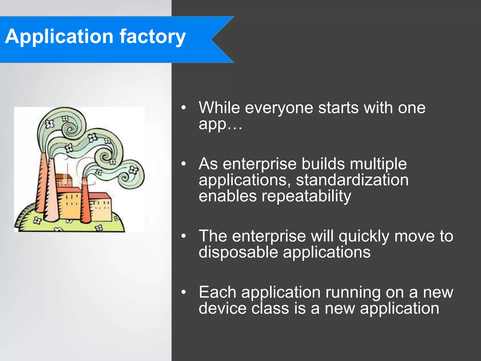 Application factory


                  • While everyone starts with one
                    app…

                  • As enterprise builds multiple
                    applications, standardization
                    enables repeatability

                  • The enterprise will quickly move to
                    disposable applications

                  • Each application running on a new
                    device class is a new application
 