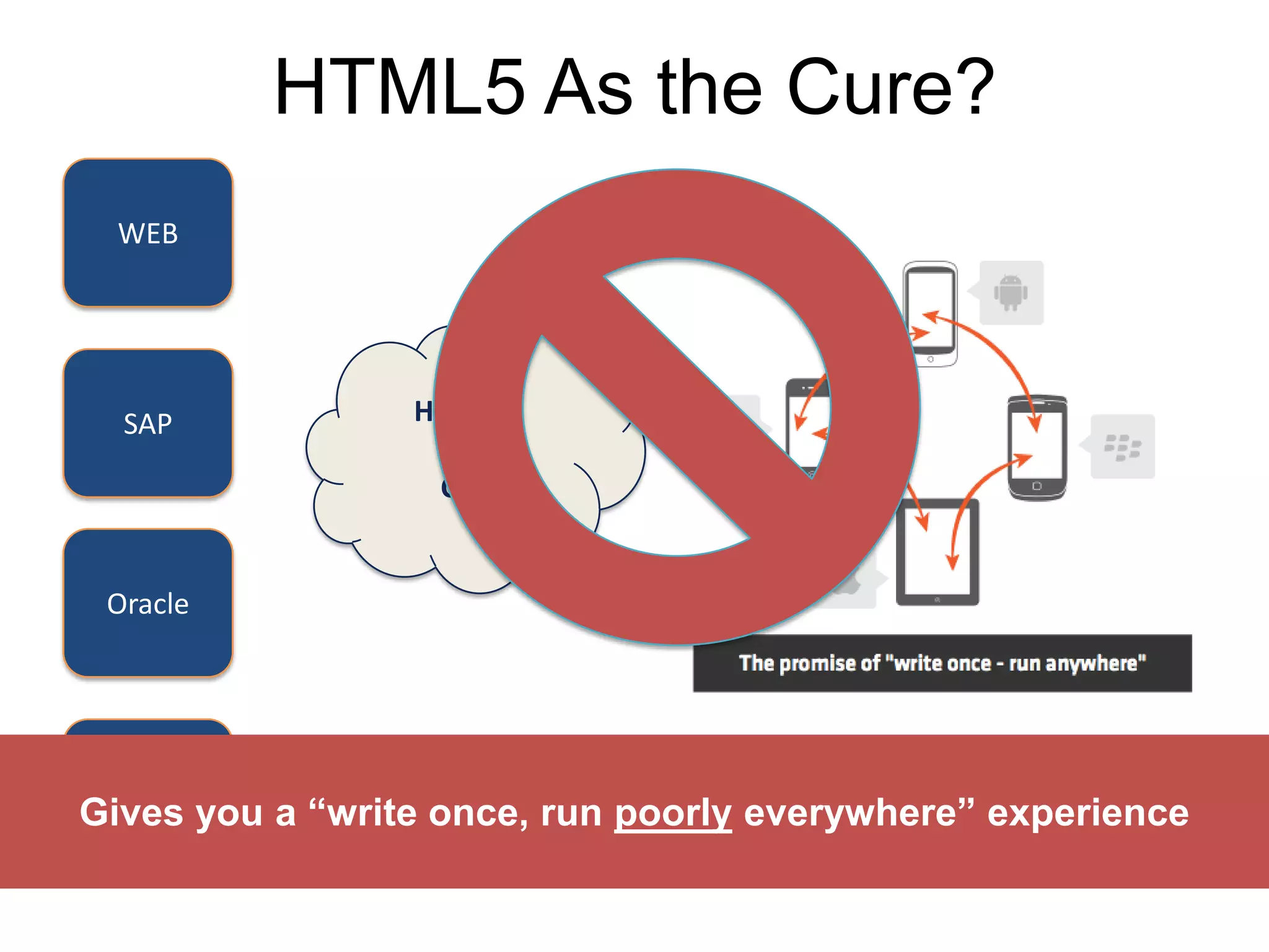 HTML5 As the Cure?
  WEB




  SAP            HTML 5
                   +
                  CSS


 Oracle




 Social
Gives you a “write once, run poorly everywhere” experience
 