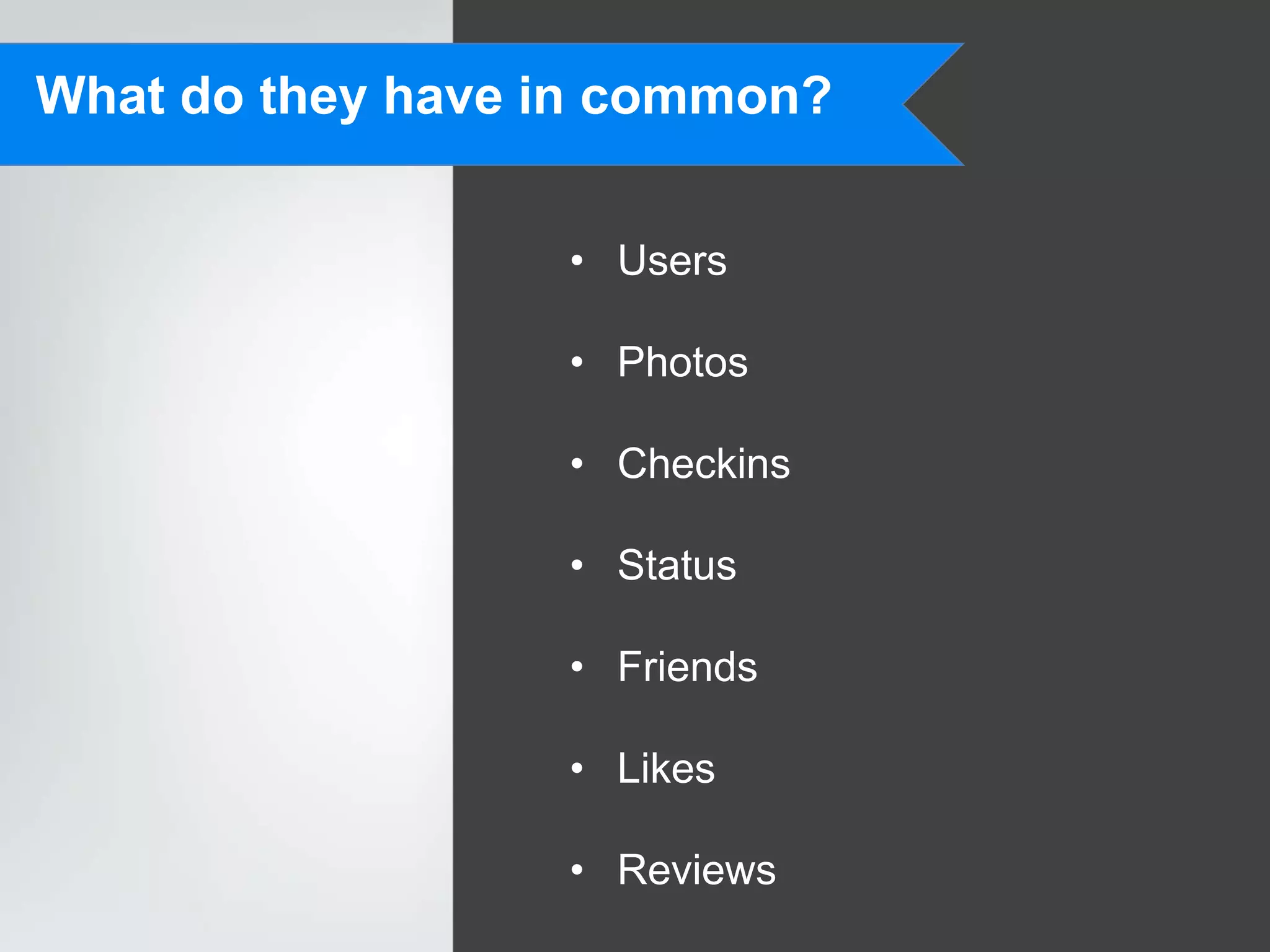 What do they have in common?


                  • Users

                  • Photos

                  • Checkins

                  • Status

                  • Friends

                  • Likes

                  • Reviews
 