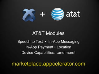 +
         AT&T Modules
  Speech to Text • In-App Messaging
      In-App Payment • Location
    Device Capabilities…and more!


marketplace.appcelerator.com
 
