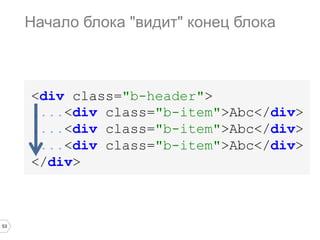 53
<div class="b-header">
....<div class="b-item">Abc</div>
....<div class="b-item">Abc</div>
....<div class="b-item">Abc</div>
</div>
Начало блока "видит" конец блока
 