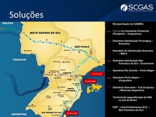 Soluções
Recapacitação do GASBOL
Gasoduto transporte Chimarrão
(Penápolis – Uruguaiana)
Gasoduto distribuição Paranaguá –
Araucária
Gasoduto de distribuição Araucária
– Mafra
Gasoduto distribuição São
Francisco do Sul – Guaramirim
Gasoduto Rio Grande – Porto Alegre
Gasoduto Porto Alegre –
Uruguaiana
Gasoduto Araucária – Foz do Iguaçu
– Misiones (Argentina)
Terminal de regaseificação de GNL
no Sul do Brasil
E&P – Litoral Catarinense (E.E. –
São Francisco do Sul)
A
LEGENDA
Terminal de GNL
Terminal de GNL
Terminal de GNL
 